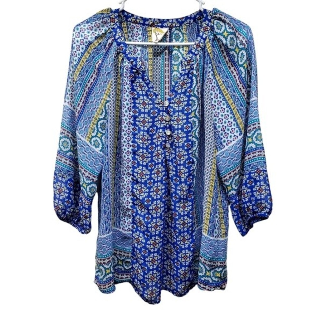 FIG & FLOWER Blue Boho Patchwork Peasant Blouse Size M – 3/4 Sleeve Flowy Top